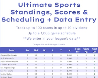 Ultimate Sports Standings Scores Schedule Spreadsheet League Standings Scheduling Tool for League Managers Team Schedule Data Entry