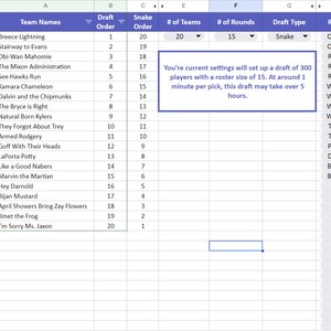 Setup page where you will enter team names, set draft order, select number of teams and rounds, draft type, and positions.