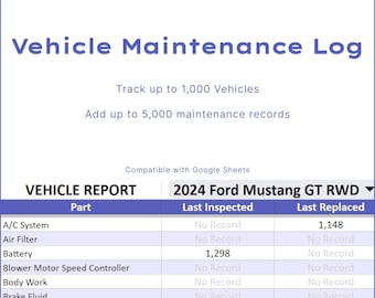 Vehicle Maintenance Log, Mileage & Repair Tracker (Google Sheets)