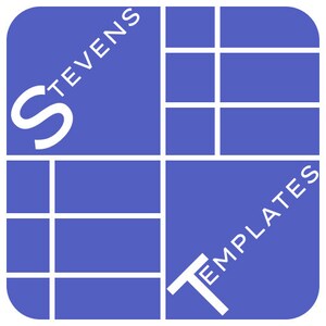 Pu&ograve; includere: Un design grafico quadrato blu con linee bianche a griglia e le parole "STEVENS" e "TEMPLATES" in testo bianco. La lettera "S" &egrave; ben visibile nell'angolo in alto a sinistra.
