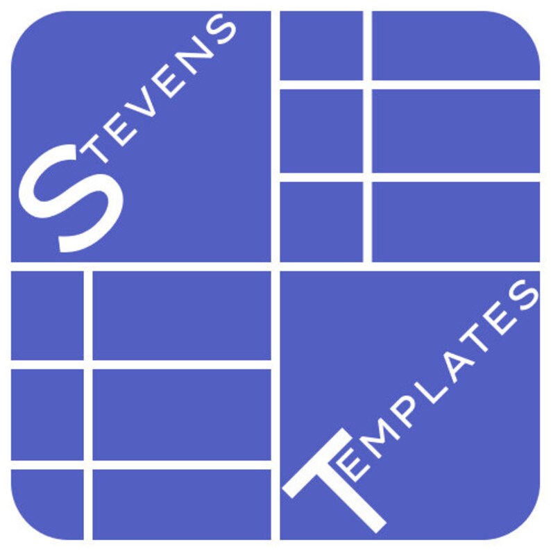 Pu&ograve; includere: Un design grafico quadrato blu con linee bianche a griglia e le parole "STEVENS" e "TEMPLATES" in testo bianco. La lettera "S" &egrave; ben visibile nell'angolo in alto a sinistra.