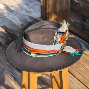 Grey stiff brim Fedora with burnt floral design