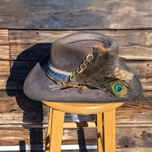 Charcoal Grey Western Fedora, Stiff Brim Hat with Vintage Feather Accent