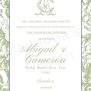 Jantar de ensaio clássico verde e branco, convites de casamento, chá de casamento, convites Grand Millennial Wedding Crest