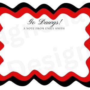 May include: A red and black wavy border with the text "Go Dawgs! A note from Emily Smith" in black.