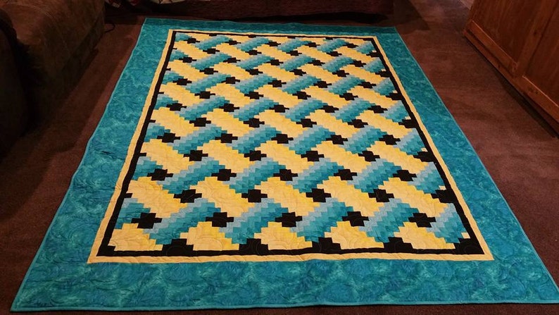 Tourquoise and Yellow Weaver Fever Twin Quilt