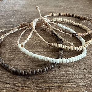 Natural Coconut Bead Adjustable Cord Bracelet: 3mm Bead, Multiple Colors