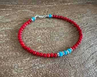 Bracelet fin en corail rouge et pierres précieuses turquoise : argent sterling
