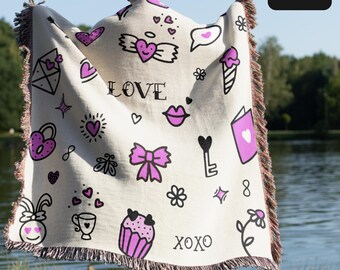 Valentine Throw Blanket, Tattoo Lover Blanket, Vintage Woven Blanket, Valentine Woven Blanket, Pink Woven Tapestry, Anniversary Gift Idea