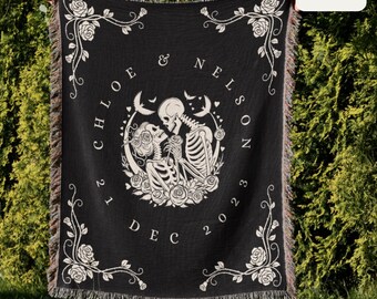 Personalized Woven Throw Blanket, Wedding Tapestry, Cottagecore Blanket, Custom Woodland Gothic Couple Blanket Woven Throw His & Hers Gift