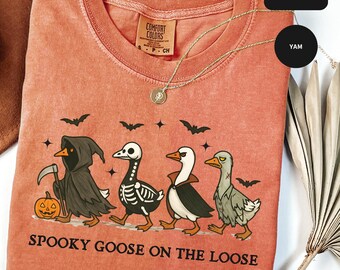 May include: Coral-colored t-shirt with a Halloween-themed graphic. The design features four cartoon geese dressed as the Grim Reaper, a skeleton, a vampire, and a zombie, with bats and stars. The text reads "Spooky Goose on the Loose."