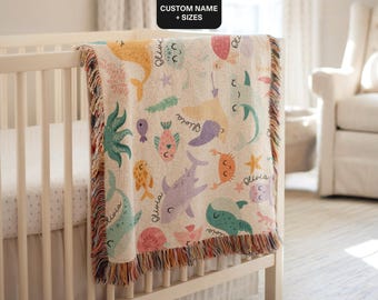 Personalized Woven Baby Blanket, Watercolor Sea Animals Blanket, Custom Name Blanket, Ocean Theme Nursery, Baby Shower Gift For Newborn