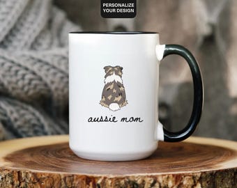 Custom Aussie Mom Mug, Personalized Australian Shepherd Coffee Cup, Red Merle Or Black Tri Dog Lover Gift, Shepherd Owner Present