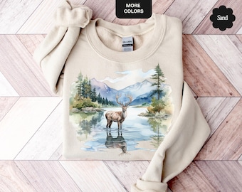 Retro Deer Wilderness Scene Sweatshirt, Vintage Buck And Doe Crewneck, 90s Wildlife Forest Top, Boho Nature Outfit, Winter Mountain Sweater