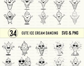Dancing Ice Cream Clipart Bundle, Kawaii Graphics (SVG, PNG