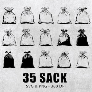 May include: A set of 35 black and white sack illustrations. The sacks are drawn in a simple, cartoon style. The text "35 Sack SVG & PNG - 300 DPI" is at the bottom of the image.