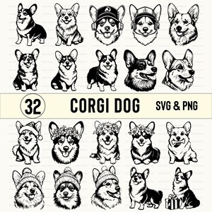 May include: A set of 32 black and white SVG and PNG digital files featuring various illustrations of Corgi dogs in different poses and with different accessories. The illustrations include a Corgi wearing a Santa hat, a Corgi wearing a flower crown, a Corgi wearing a peace sign hat, and a Corgi wearing a baseball cap.