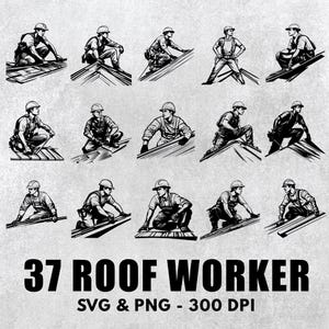 Op de afbeelding: Een set van 37 zwart-wit illustraties van dakdekkers in verschillende poses. De arbeiders dragen veiligheidshelmen en werkkleding. Ze werken op een dak en gebruiken gereedschap en materialen. De illustraties zijn in vintage stijl.