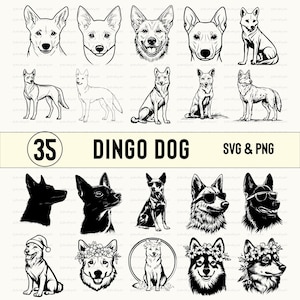 Puede incluir: Un conjunto de 35 archivos digitales SVG y PNG en blanco y negro con ilustraciones de perros Dingo en varias poses. Las ilustraciones incluyen perros Dingo con flores, gafas de sol y sombreros.