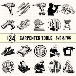 May include: Black and white illustrations of 34 carpenter tools, including drills, saws, hammers, and wrenches. The image also includes silhouettes of carpenters using the tools. Text reads "34 CARPENTER TOOLS SVG & PNG".