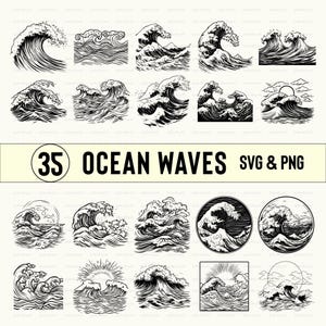 Peut inclure: Un ensemble de 35 illustrations d'ondes océaniques en noir et blanc au format SVG et PNG. Les vagues sont dessinées dans un style classique et vintage.