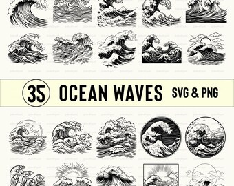 Ocean Waves Clipart: SVG, PNG, Silhouette Vector (Digital Download)