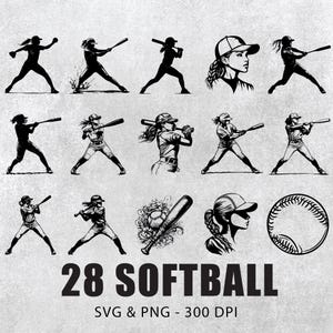 Paquete SVG PNG de sóftbol: Imágenes prediseñadas vectoriales, contorno de calcomanía (descarga digital)