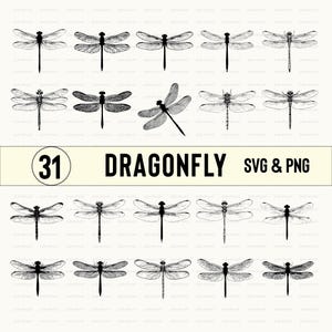 May include: A set of 31 black and white dragonfly illustrations. The dragonflies are in various poses with their wings spread out. The illustrations are perfect for crafting, scrapbooking, or digital design.