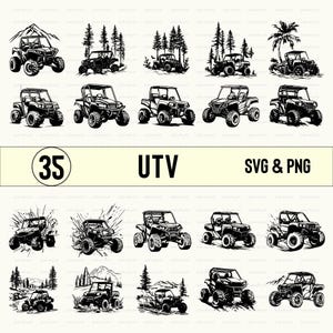 May include: A set of 35 black and white SVG and PNG digital files featuring illustrations of UTVs in various settings, including forests, mountains, and beaches.