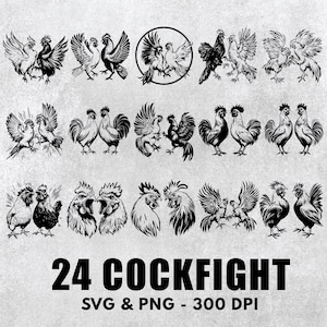 May include: A set of 24 black and white illustrations of roosters fighting. The illustrations are in a vintage style and are perfect for use in a variety of projects, such as t-shirts, mugs, and posters. The text "24 COCKFIGHT SVG & PNG - 300 DPI" is at the bottom of the image.