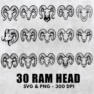 May include: A set of 30 black and white ram head illustrations. The ram heads are in various poses and styles. The text "30 RAM HEAD SVG & PNG - 300 DPI" is at the bottom of the image.