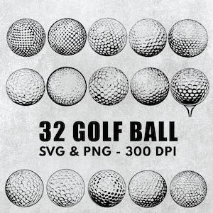 May include: A set of 32 black and white golf ball illustrations. The golf balls are arranged in three rows of eight. The text "32 GOLF BALL SVG & PNG - 300 DPI" is below the golf balls.
