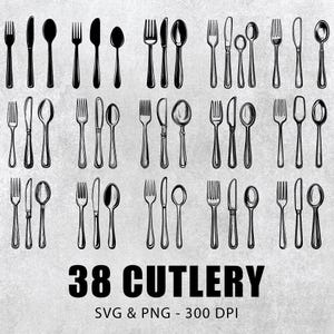 May include: A set of 38 black and white illustrations of cutlery, including forks, knives, and spoons. The illustrations are in a vintage style and are perfect for use in crafting projects, scrapbooking, or digital design.
