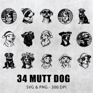 May include: A set of 34 black and white illustrations of mutt dogs in various poses and wearing different accessories. The illustrations are in a cartoon style and are perfect for use in digital projects or for printing.