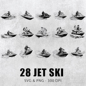 May include: A set of 28 black and white illustrations of people riding jet skis. The illustrations are in a variety of poses and are set against a gray background. The text "28 JET SKI SVG & PNG - 300 DPI" is at the bottom of the image.