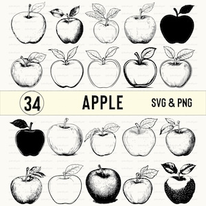 Peut inclure: Un ensemble de 34 illustrations d'apples en noir et blanc. Les illustrations sont de styles variés, certaines avec des feuilles et d'autres avec des tiges. Le texte "APPLE" et "SVG & PNG" est en haut de l'image.