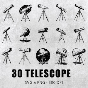 Könnte beinhalten: Ein Satz von 30 Schwarzweißillustrationen von Teleskopen mit verschiedenen Designs. Die Teleskope stehen auf Stativen und einige haben Sterne oder Monde im Hintergrund. Der Text "30 TELESCOPE SVG & PNG - 300 DPI" befindet sich am unteren Rand des Bildes.