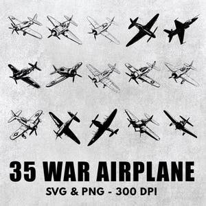 Puede incluir: Un conjunto de 35 ilustraciones vectoriales en blanco y negro de aviones de guerra vintage. Los aviones están en varias poses, incluyendo volar, aterrizar y despegar. Las ilustraciones son perfectas para usar en scrapbooking digital, creación de tarjetas y otros proyectos de manualidades.