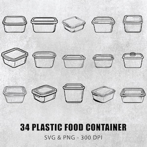 May include: A set of 14 black and white line drawings of various plastic food containers. The containers are all rectangular or square in shape and have lids. The drawings are simple and clean, and they would be perfect for use in a food blog or recipe website.