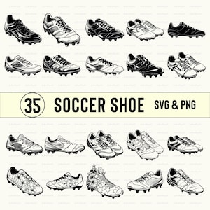 May include: A set of 35 black and white illustrations of soccer shoes. The shoes are drawn in a variety of styles, including cleats, turf shoes, and indoor shoes. The illustrations are perfect for use in digital or print projects.