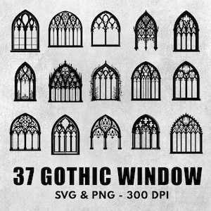 May include: 37 black and white gothic window silhouettes.  SVG & PNG - 300 DPI