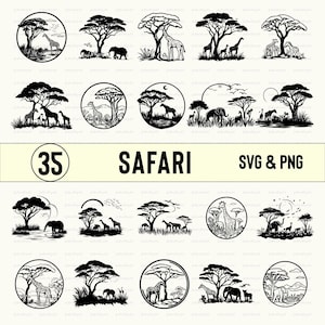May include: A set of 35 black and white SVG and PNG digital files featuring safari animal illustrations. The illustrations include giraffes, elephants, zebras, lions, and other safari animals. The illustrations are perfect for creating crafts, scrapbooking, and other projects.