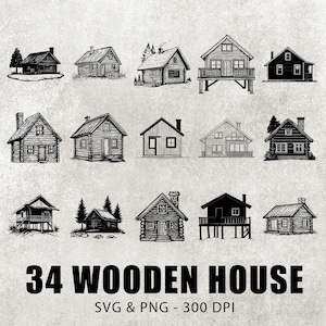 Può includere: Un set di 34 illustrazioni in bianco e nero di case di legno in vari stili. Le illustrazioni sono disegnate in stile vintage e sono perfette per l'uso in progetti di artigianato, scrapbooking o design digitale.