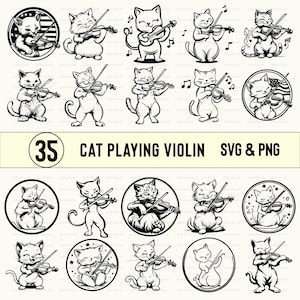 Cat Playing Violin Svg PNG Bundle, Cat Playing Violin Silhouette, Clipart, Vector art, Decal, Cut File, Decal, Design, Cat Violin Cricut Set