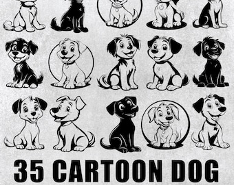 May include: A set of 35 black and white cartoon dog illustrations. The dogs are in various poses, including sitting, standing, and running. The illustrations are perfect for use in digital projects, such as website design, social media graphics, and printable designs.