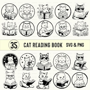 Cat Reading Book SVG PNG Bundle: Silhouette Clipart, Vector Art
