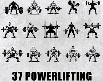May include: Black and white illustrations of weightlifters performing various exercises with barbells. The image includes the text "37 POWERLIFTING" and "SVG & PNG - 300 DPI". The illustrations depict different weightlifting poses.