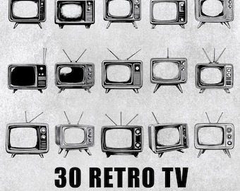 May include: A set of 30 black and white illustrations of vintage televisions. The televisions are drawn in a retro style with antennas and knobs. The text "30 RETRO TV" and "SVG & PNG - 300 DPI" is below the images.