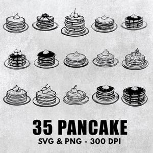 May include: A set of 15 black and white illustrations of pancakes with various toppings, including cherries, whipped cream, chocolate sauce, and berries. The illustrations are in a hand-drawn style and are perfect for use in digital or printed projects. The text "35 PANCAKE SVG & PNG - 300 DPI" is at the bottom of the image.