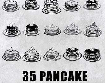 Peut inclure: Un ensemble de 15 illustrations en noir et blanc de crêpes avec différentes garnitures, notamment des cerises, de la crème fouettée, du chocolat et des baies. Les illustrations sont de style dessiné à la main et sont parfaites pour une utilisation dans des projets numériques ou imprimés. Le texte "35 PANCAKE SVG & PNG - 300 DPI" est en bas de l'image.